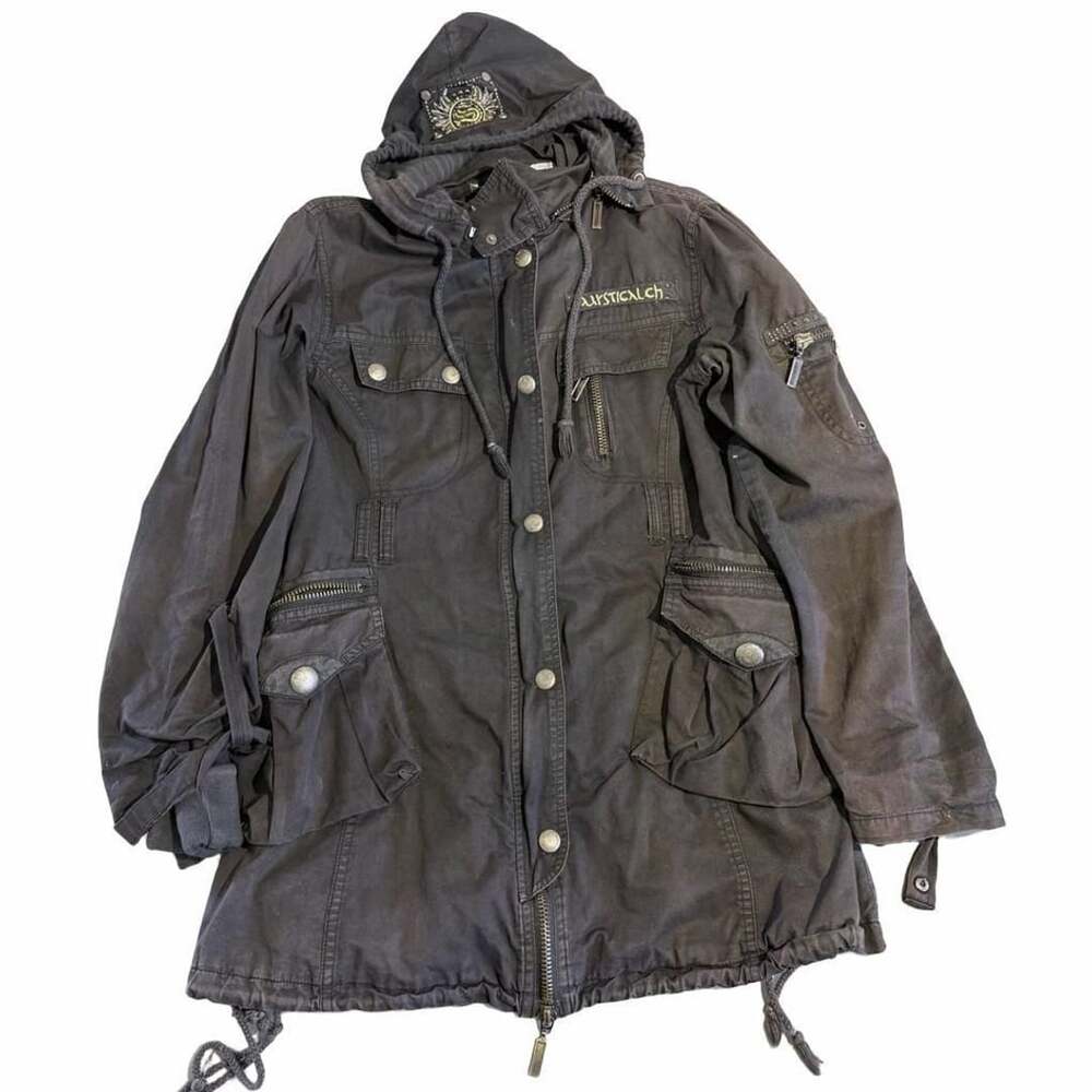F&2 Utility Jacket Size L Black Hooded Military Parka Y2K Punk